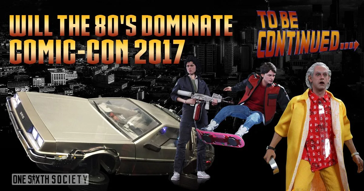 Comic-Con 2017 prediction graphic combining a DeLorean, Ripley, Marty McFly with a hoverboard and Doc Brown in a yellow coat.