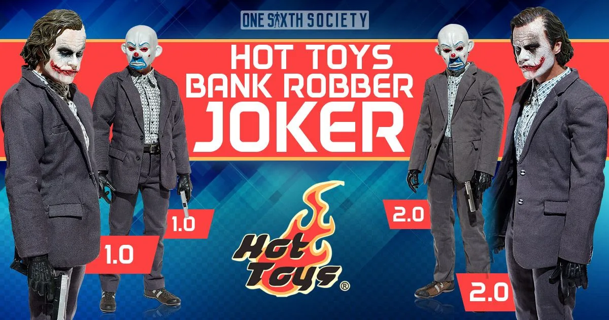Bank Robber Joker comparison labelled 1.0 and 2.0, showing masked and unmasked versions in gray jackets.