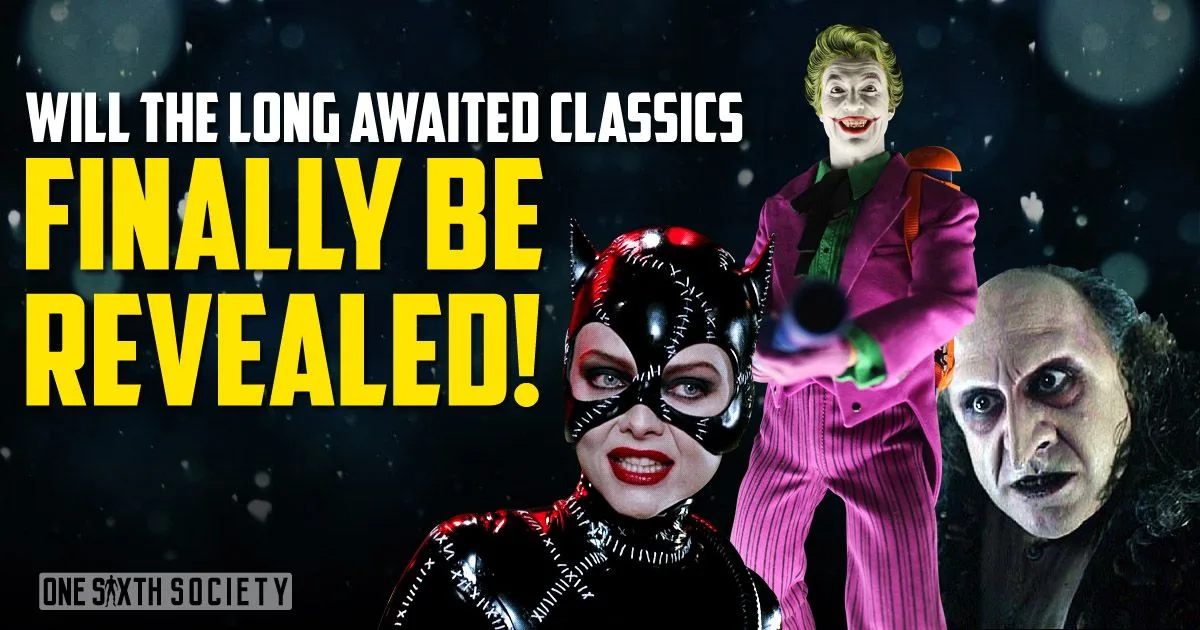 Catwoman in a stitched black mask, Joker in a purple suit and Penguin beneath a question about long-awaited classic character reveals.