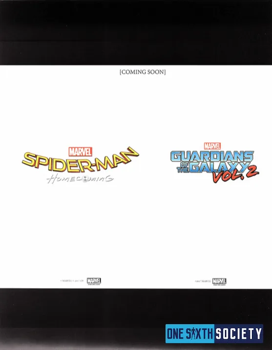 Historical Hot Toys catalog “Coming Soon” panel with Spider-Man: Homecoming and Guardians of the Galaxy Vol. 2 logos.