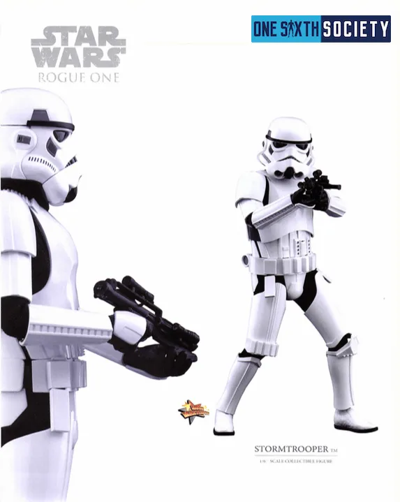 Hot Toys Rogue One Stormtrooper aiming a blaster, with an enlarged helmet and torso view on the left.