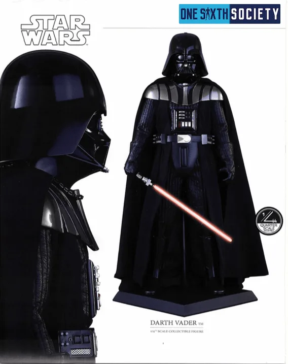 Hot Toys quarter-scale Darth Vader shown full length with a red lightsaber and black display base beside a helmet profile close-up.