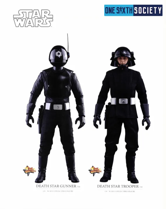 Hot Toys Death Star Gunner and Death Star Trooper in black uniforms, displaying their different helmets side by side.