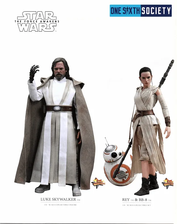 Hot Toys The Force Awakens figures: bearded Luke Skywalker in light robes beside Rey with her staff and the BB-8 droid.