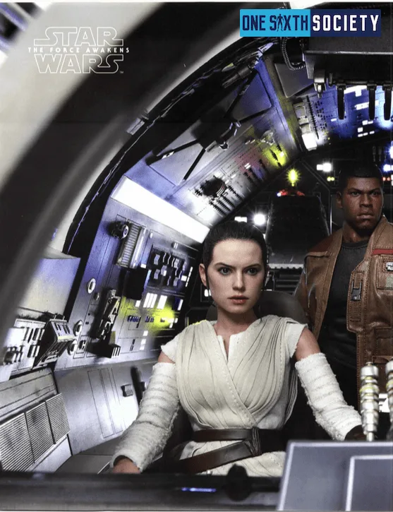 Hot Toys Rey seated at the Millennium Falcon cockpit controls with Finn standing behind her among illuminated instrument panels.