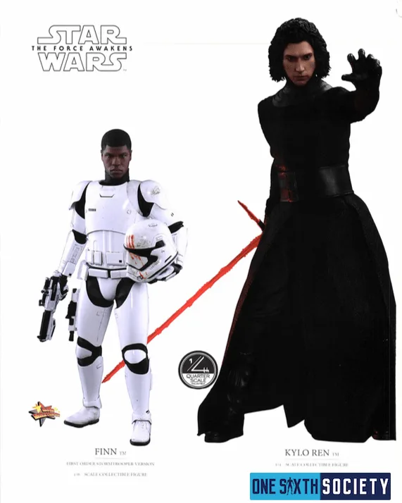 Hot Toys Finn in Stormtrooper armor holding his helmet beside a larger Kylo Ren figure with an unmasked head and red crossguard lightsaber.