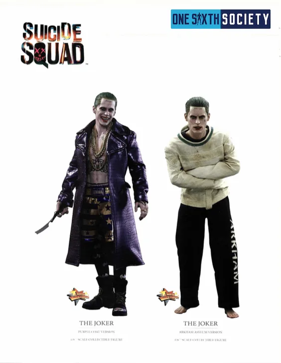 Hot Toys Joker figures wearing a long purple coat and a white straitjacket, shown side by side on a Suicide Squad catalog page.
