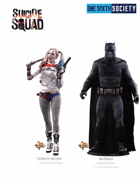 Hot Toys Harley Quinn with a baseball bat and handgun beside Batman wearing a black breathing mask over his cowl.