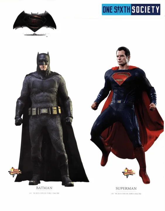 Hot Toys Batman in a dark suit and cape beside Superman in blue with a red cape on a Batman v Superman catalog page.