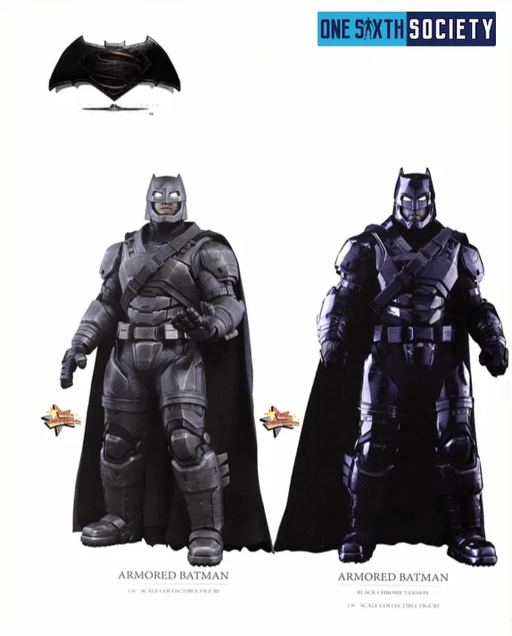 Two Hot Toys Armored Batman figures shown side by side, comparing gray armor with a glossy dark-purple finish.