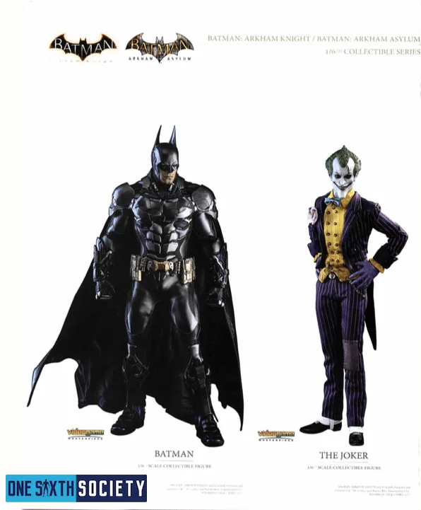 Hot Toys Arkham Batman in black segmented armor beside the Joker in a purple striped suit and yellow waistcoat.