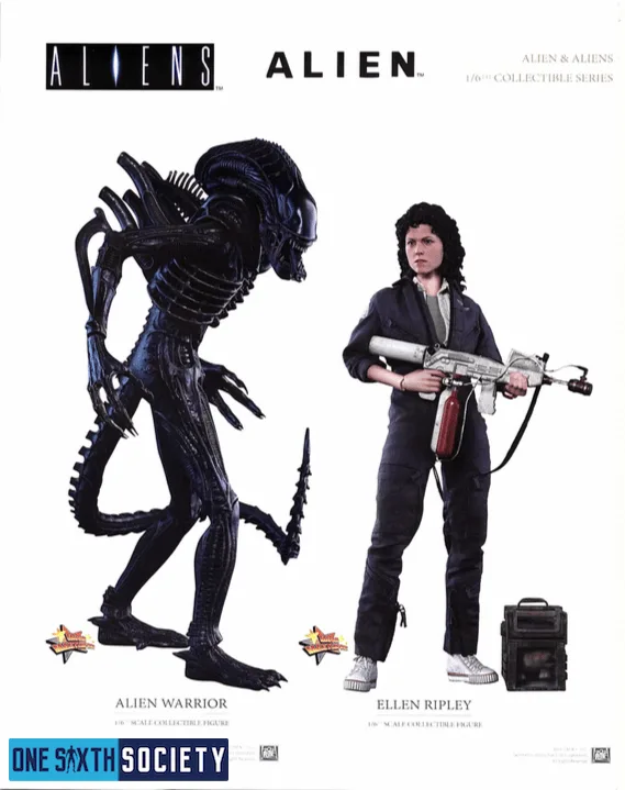 Hot Toys Alien Warrior with an elongated head and curved tail beside Ellen Ripley carrying a large weapon, with Jonesy at her feet.