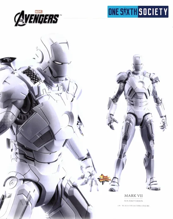 Hot Toys Iron Man Mark VII prototype shown in unpainted gray, with a close-up beside a full-length armor view.