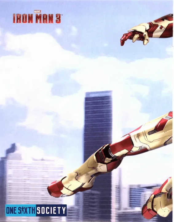 Left half of a Hot Toys Iron Man 3 catalog spread, showing cropped red-and-gold armored limbs above a cityscape.
