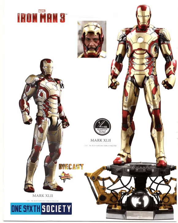 Hot Toys Iron Man Mark XLII figures in two sizes, with red-and-gold armor, an unmasked head inset and a circular display platform.