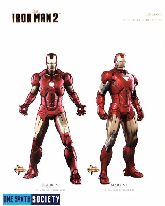 Hot Toys Iron Man Mark IV and Mark VI figures standing side by side in red-and-gold armor.