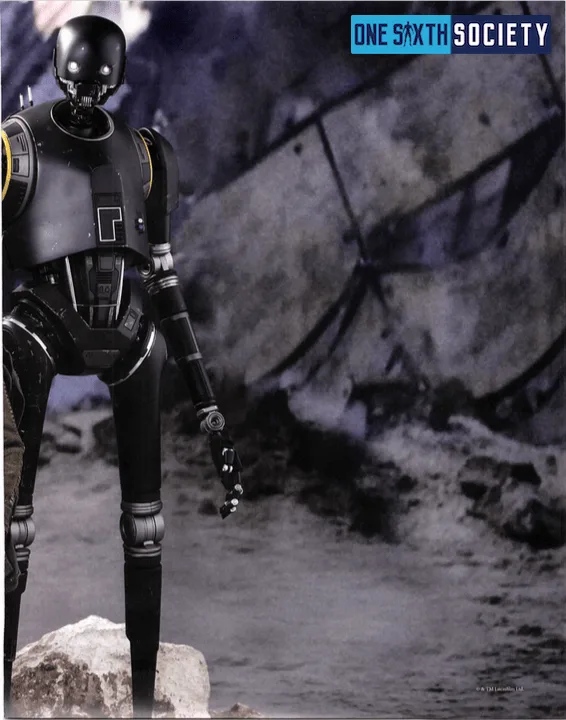 Hot Toys K-2SO standing beside a textured rock wall in the right panel of a Rogue One group display.