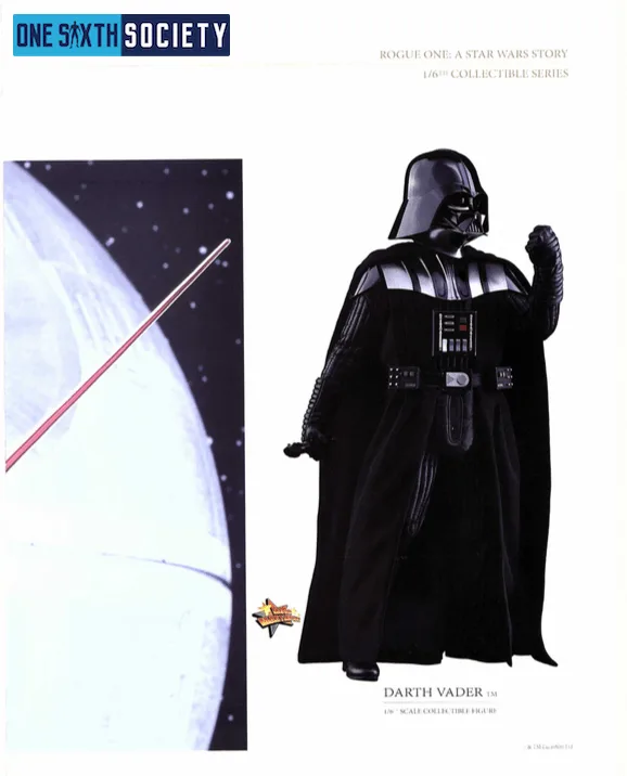 Hot Toys Darth Vader in black armor and cape, standing with one fist raised beside the cropped edge of a red lightsaber display.
