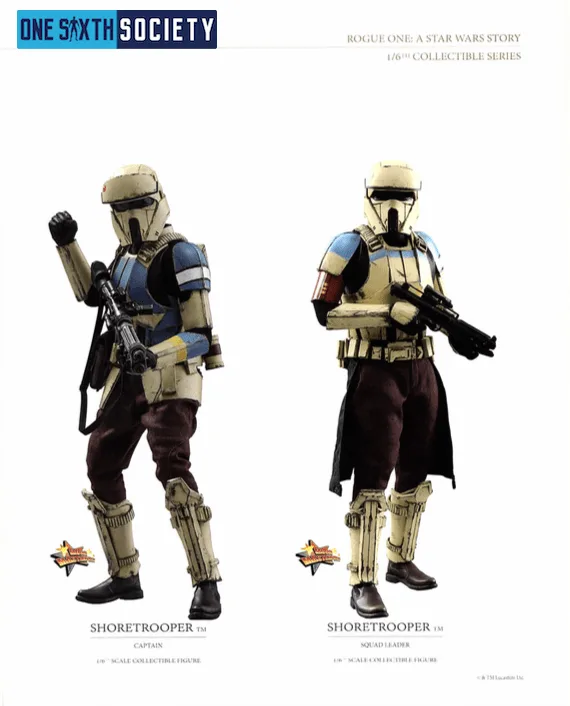 Hot Toys Shoretrooper Captain and Squad Leader with tan armor, blue markings and blasters, shown in two standing poses.