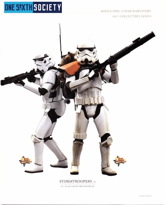 Two Hot Toys Stormtroopers posed back to back with blasters; the foreground trooper wears an orange shoulder pauldron and backpack.
