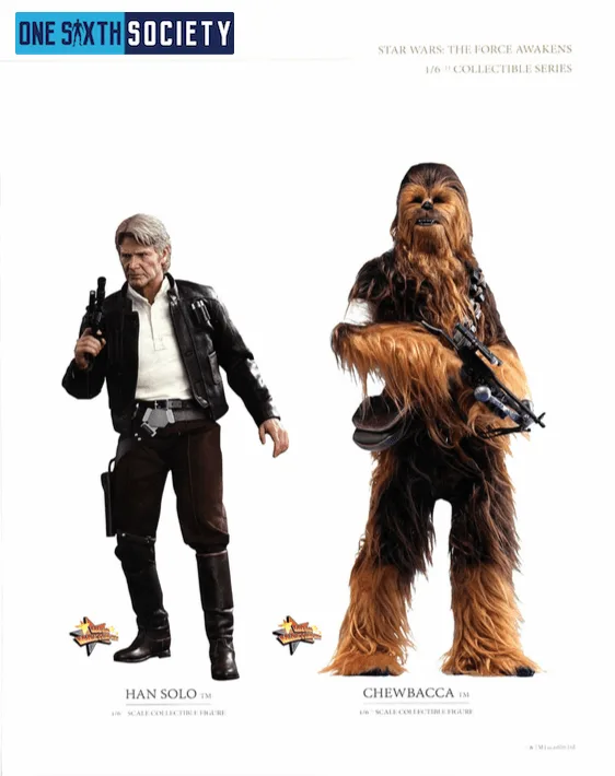 Hot Toys Han Solo with gray hair and a black jacket holding a blaster beside Chewbacca carrying his bowcaster.