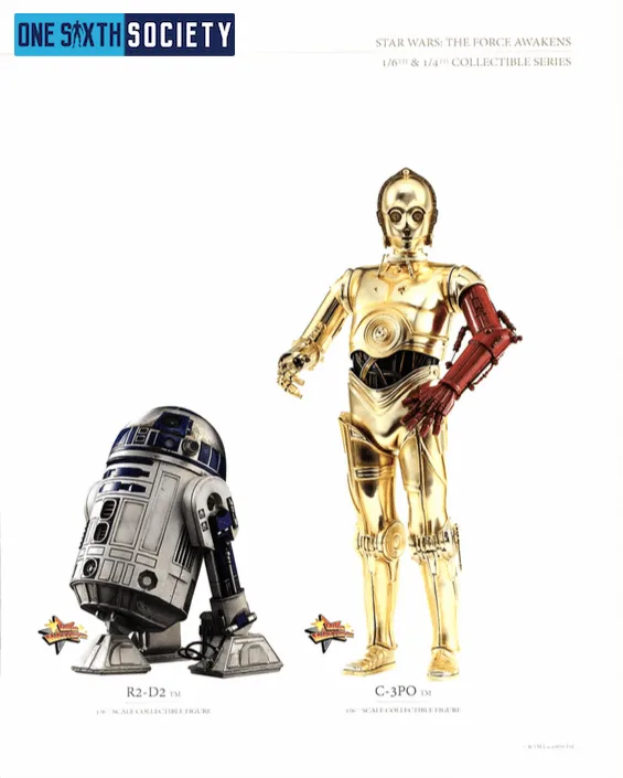 Hot Toys R2-D2 beside gold C-3PO with a red left arm on a Star Wars: The Force Awakens catalog page.