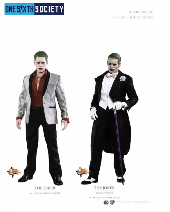 Hot Toys Joker in a pale blazer over a red shirt beside a tuxedo version wearing sunglasses and holding a purple cane.