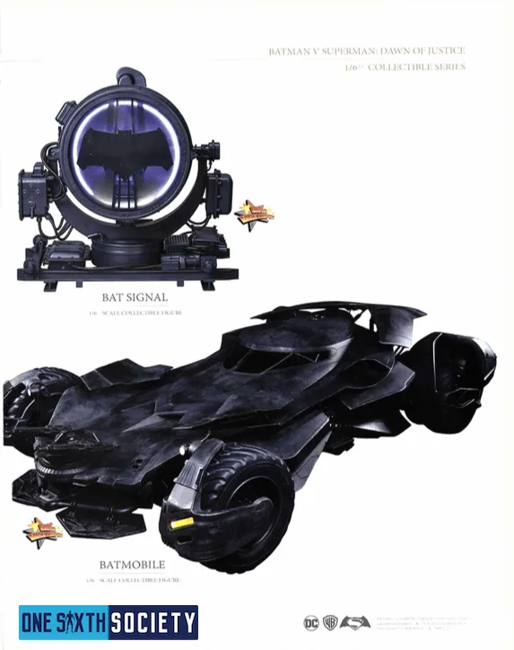 Hot Toys Bat-Signal with a glowing circular lamp above a black Batmobile shown from a front three-quarter angle.