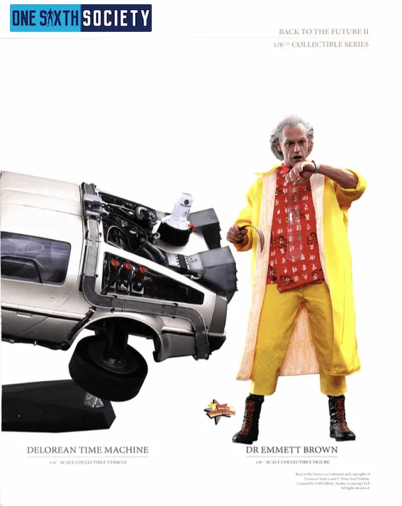 Hot Toys Doc Brown in a yellow coat checking his wristwatch beside the DeLorean time machine with its wheels turned for flight.