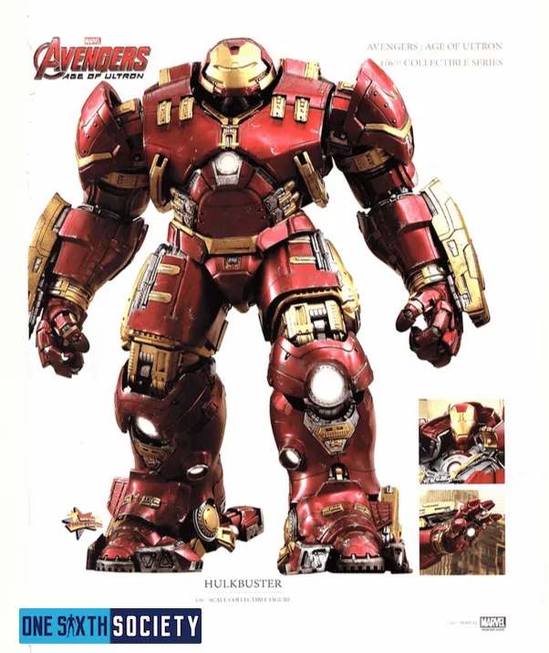 Hot Toys Hulkbuster in bulky red-and-gold armor, accompanied by two inset views highlighting its construction and details.