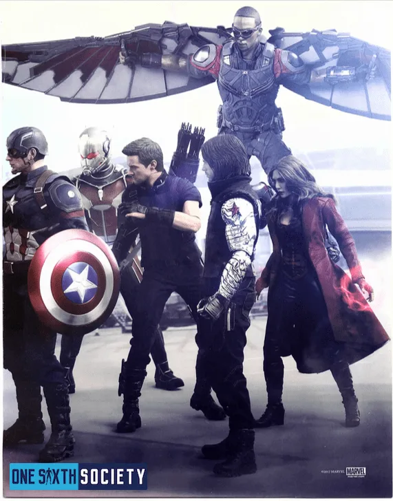 Hot Toys Captain America, Ant-Man, Hawkeye, Winter Soldier and Scarlet Witch figures, with Falcon spreading his wings above the group.
