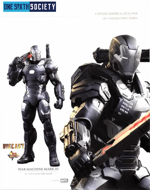 Hot Toys War Machine Mark III in dark armor, shown full length alongside a close-up of the upper body and shoulder weapon.