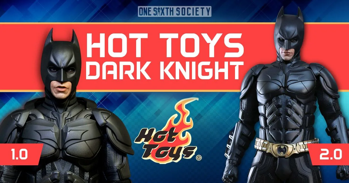 Dark Knight Batman comparison labelled 1.0 and 2.0, showing an upper-body portrait beside a wider view of the armored suit and utility belt.