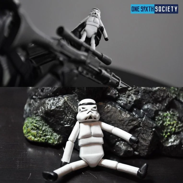 Two close-ups of the small white Stormtrooper doll, first held by the Death Trooper and then seated beside the rocky display base.