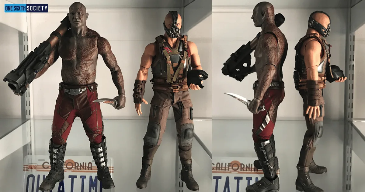 Front and side comparisons of Drax and Bane figures inside a glass display cabinet, showing their contrasting builds and costumes.