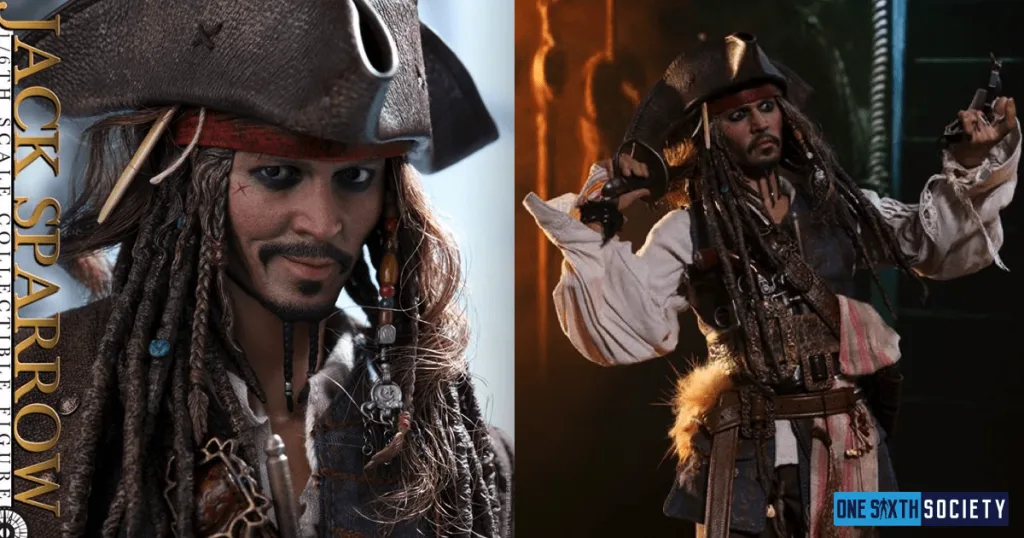 Captain Jack Sparrow figure shown in a smiling close-up and a raised-arms pose, wearing a tricorn hat and layered pirate clothing.