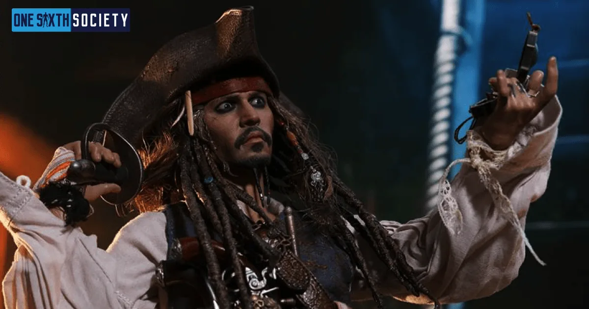 Jack Sparrow figure raising both hands with an animated expression, showing his red bandanna, beaded hair and layered vest.