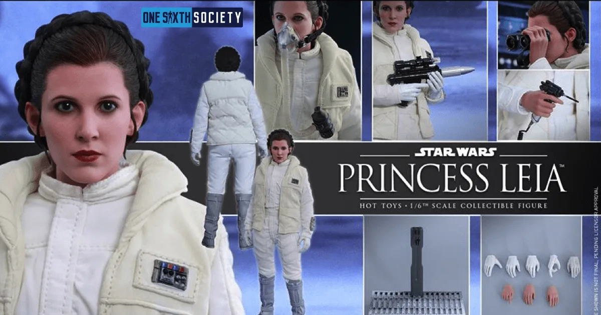 Leia promotional layout showing her white Hoth outfit, front and back views, blaster, breathing mask, binoculars, hands and stand.
