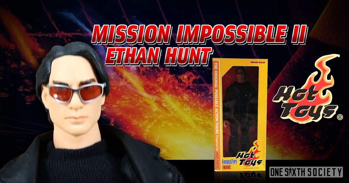 Early Hot Toys Ethan Hunt figure wearing tinted glasses and a black top, with its yellow window box behind it.
