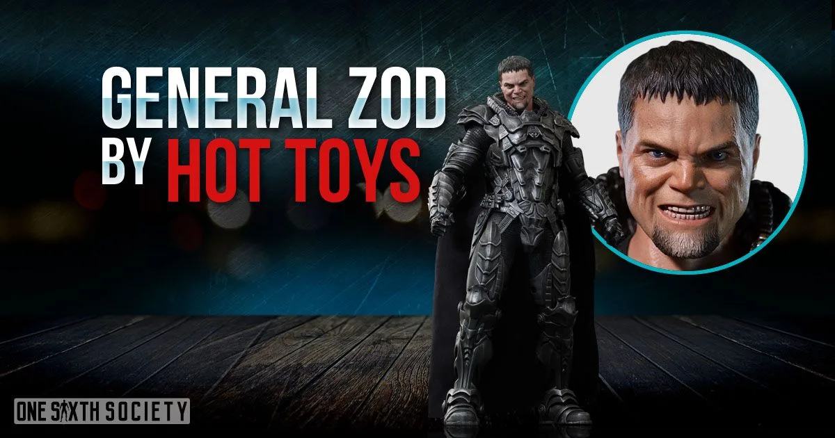 Hot Toys General Zod in dark layered armor, beside a circular close-up of his short-haired head sculpt with a teeth-baring expression.
