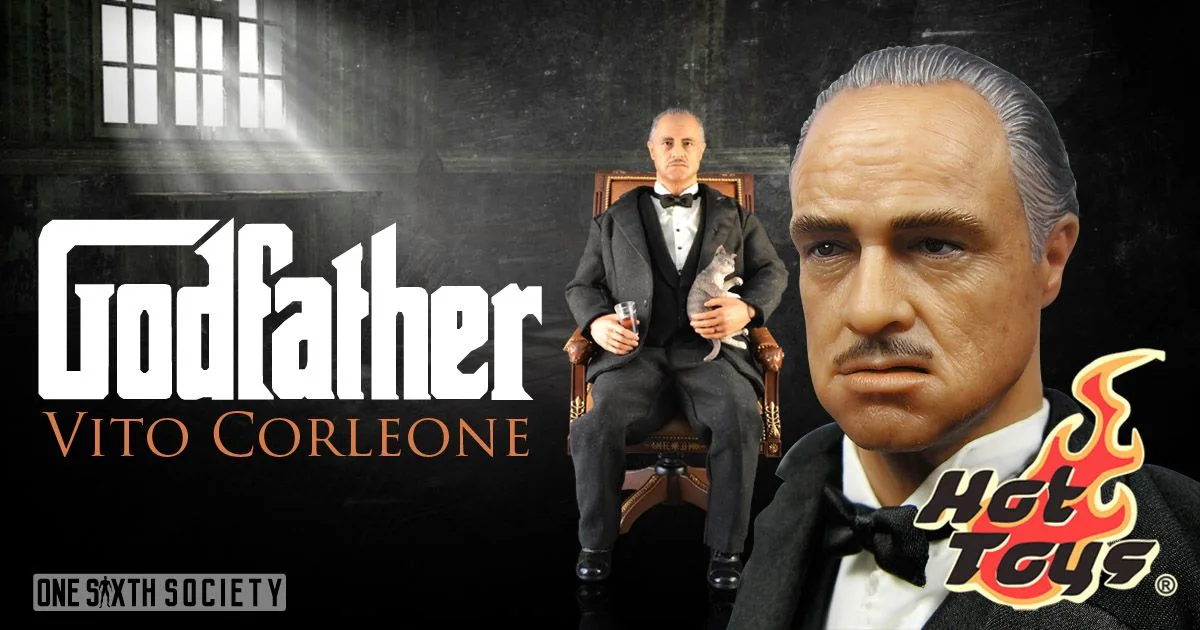 Hot Toys Vito Corleone seated in a chair, with a close-up of the head sculpt and black bow tie beside The Godfather lettering.