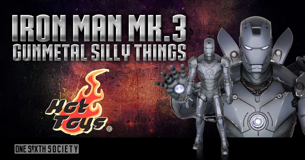 Grey Hot Toys Iron Man Mark III shown full length and in close-up in gunmetal Silly Thing edition artwork.