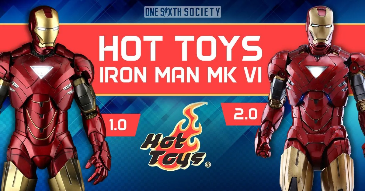 Two red-and-gold Iron Man Mark VI figures displayed side by side in a comparison graphic labelled 1.0 and 2.0.
