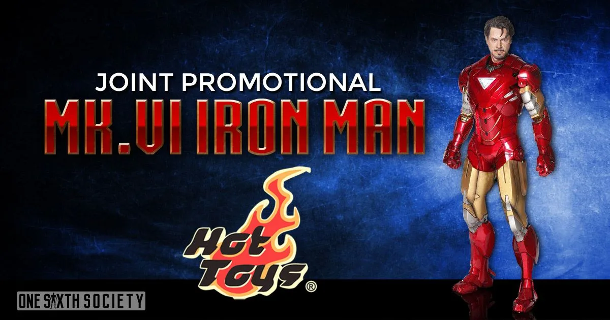 Red-and-gold Hot Toys Iron Man Mark VI shown with an unhelmeted head in artwork labelled Joint Promotional.