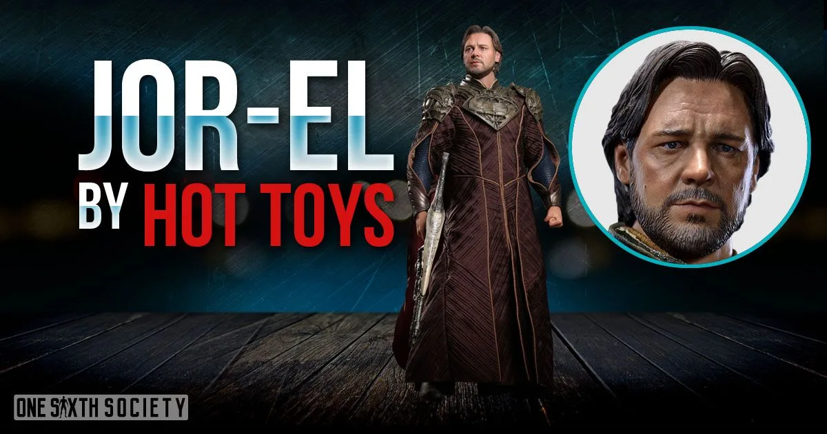Hot Toys Jor-El in a long burgundy Kryptonian costume, with a circular close-up of his bearded head sculpt in the underrated-figures graphic.