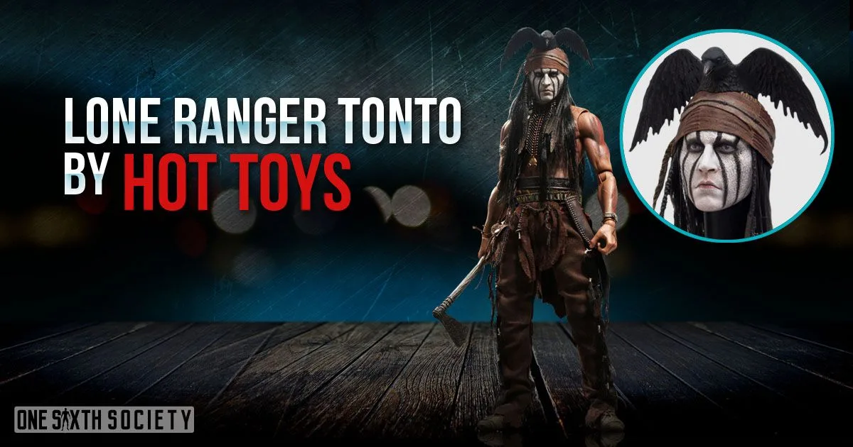 Hot Toys Tonto with long dark hair, white-and-black face paint, a bird headdress and a hatchet, beside an enlarged head-sculpt portrait.