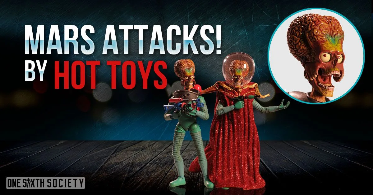Two Hot Toys Mars Attacks Martians in green suits, one wearing a long red cape, with clear helmets and an enlarged exposed-brain head detail.