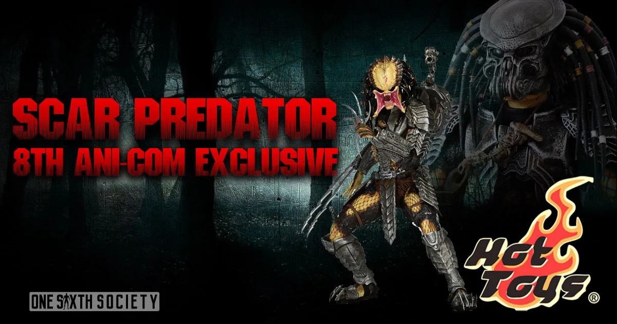 Hot Toys Scar Predator figure with masked and unmasked views in artwork labelled 8th Ani-Com Exclusive.