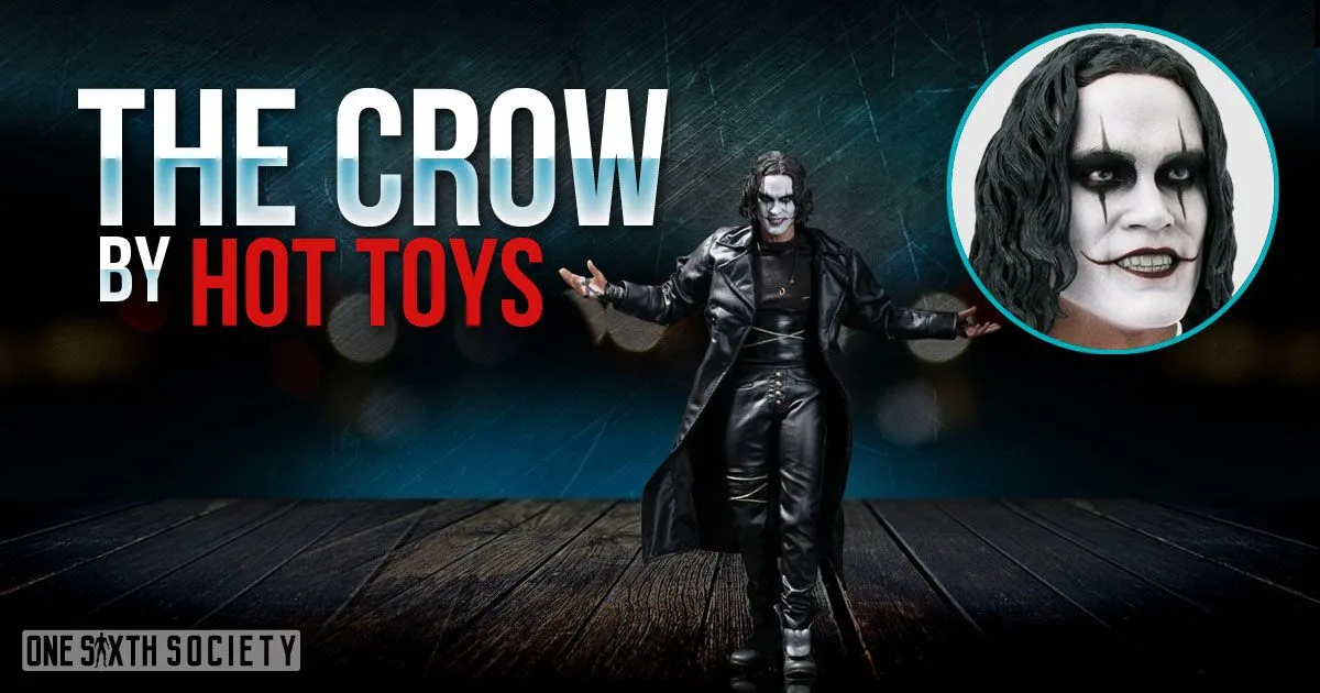 Hot Toys Eric Draven from The Crow in a long black coat with arms spread, beside a close-up of his white face paint and dark eye makeup.