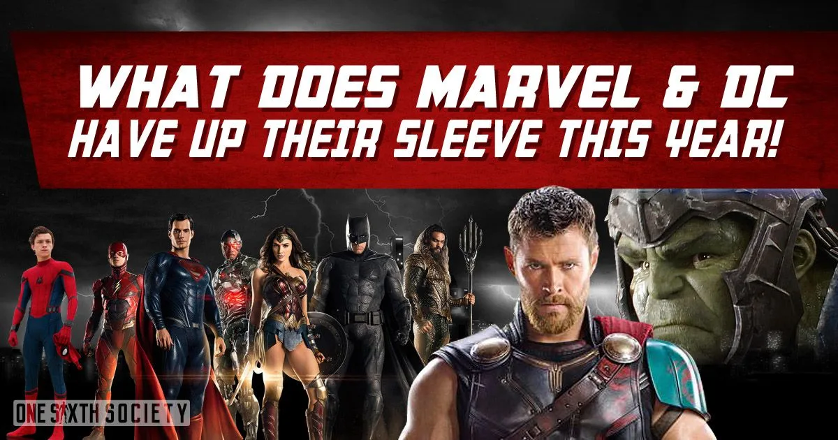 Marvel and DC preview collage with Spider-Man, Justice League heroes, Thor and an armored Hulk beneath a question about upcoming reveals.